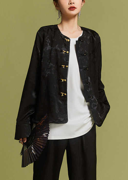 New Black O-neck Button Side Open Silk Coat Ac1017