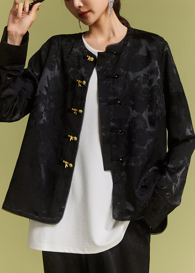 New Black O-neck Button Side Open Silk Coat Ac1017