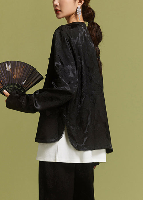 New Black O-neck Button Side Open Silk Coat Ac1017