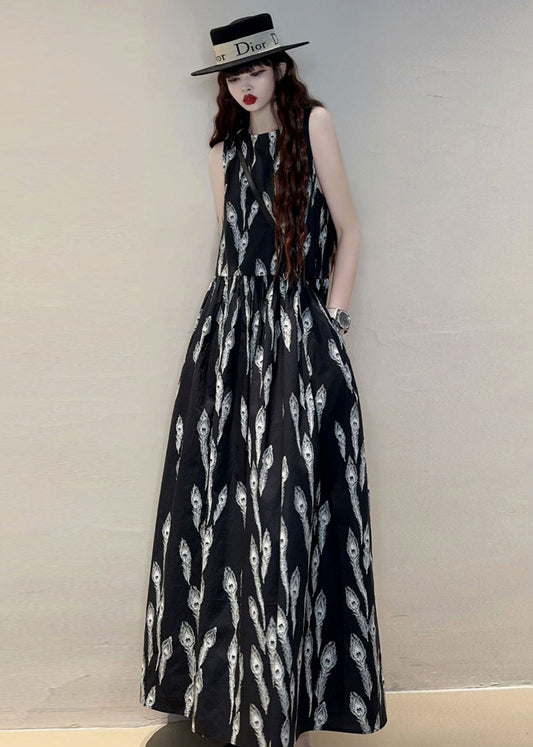 New Black O Neck Print Pockets Cotton Maxi Dresses Sleeveless Kk059