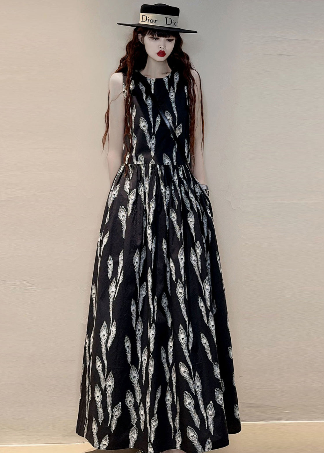 New Black O Neck Print Pockets Cotton Maxi Dresses Sleeveless Kk059