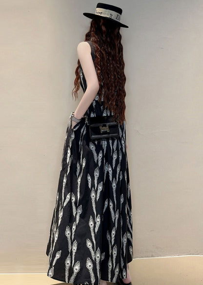 New Black O Neck Print Pockets Cotton Maxi Dresses Sleeveless Kk059