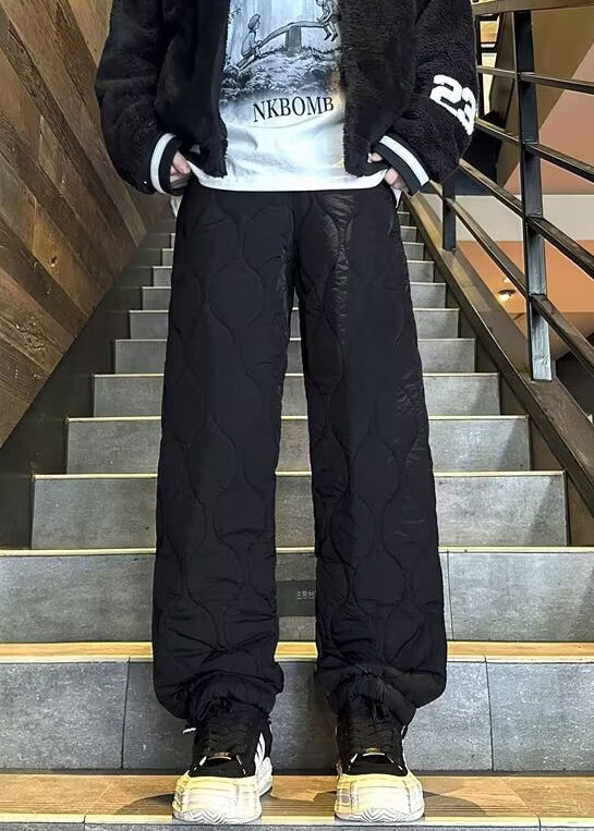 New Black Pockets Drawstring Cotton Filled Pants Winter Rm032