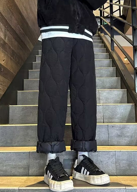 New Black Pockets Drawstring Cotton Filled Pants Winter Rm032