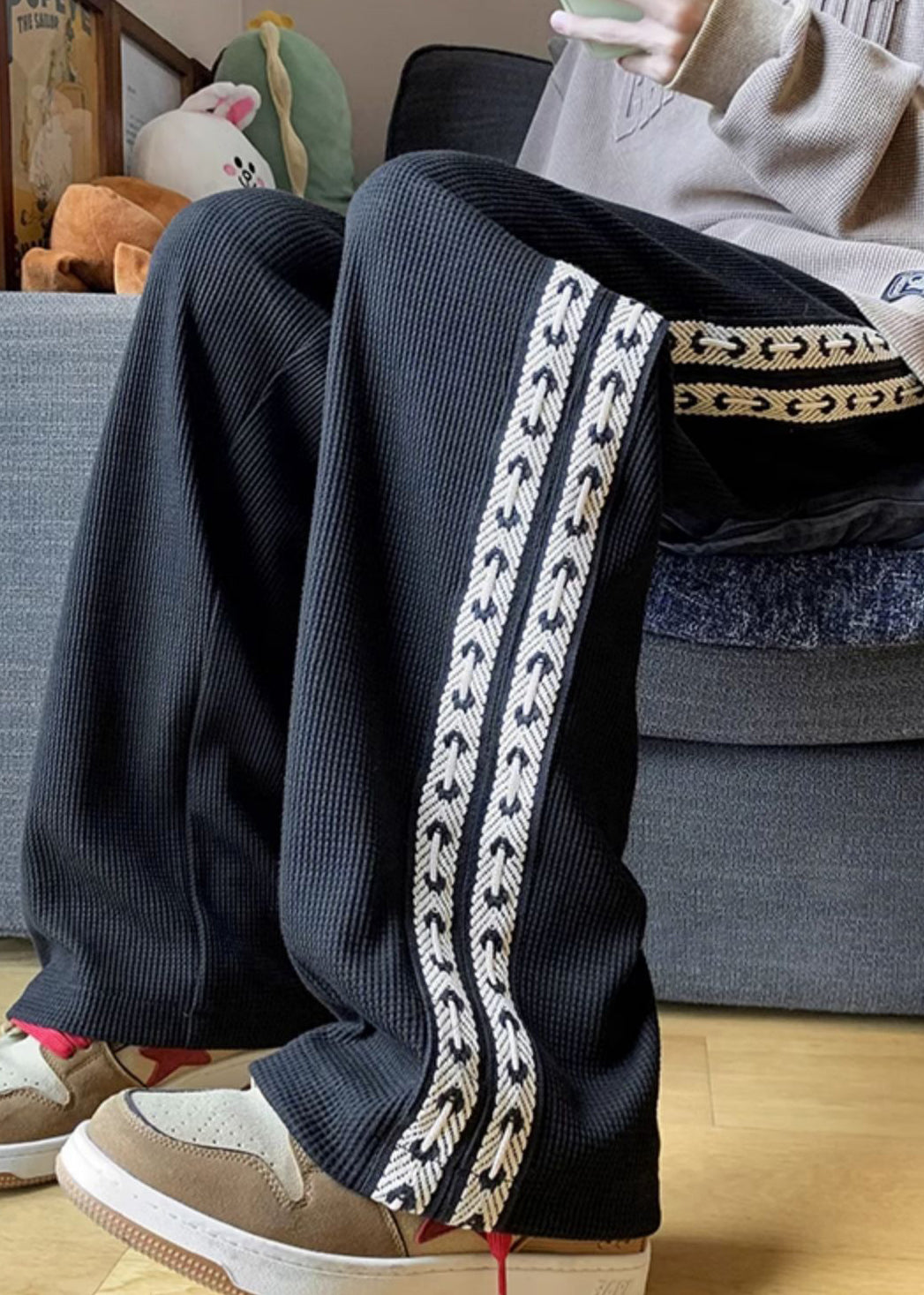 New Black Pockets Elastic Waist Patchwork Warm Fleece Pants Winter Wa041