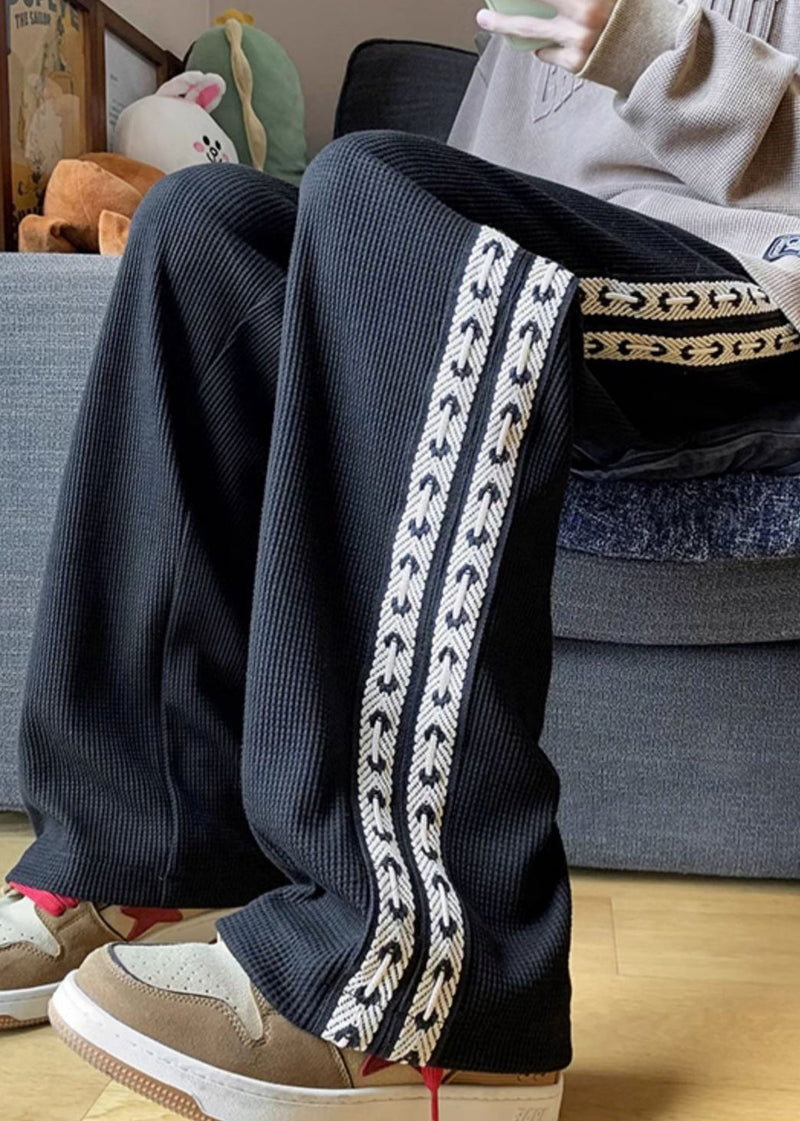 New Black Pockets Elastic Waist Patchwork Warm Fleece Pants Winter Wa041