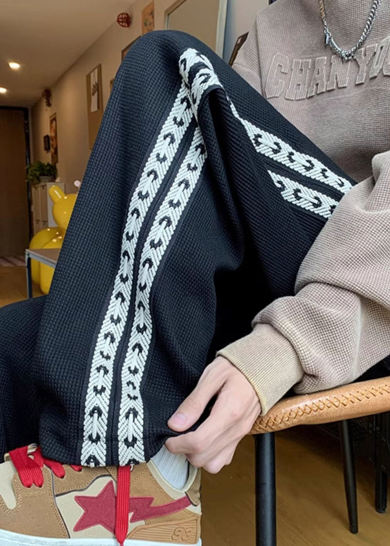 New Black Pockets Elastic Waist Patchwork Warm Fleece Pants Winter Wa041