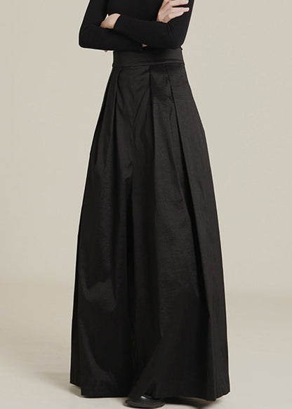 New Black Pockets High Waist Cotton Wide Leg Pants Spring Ab1046