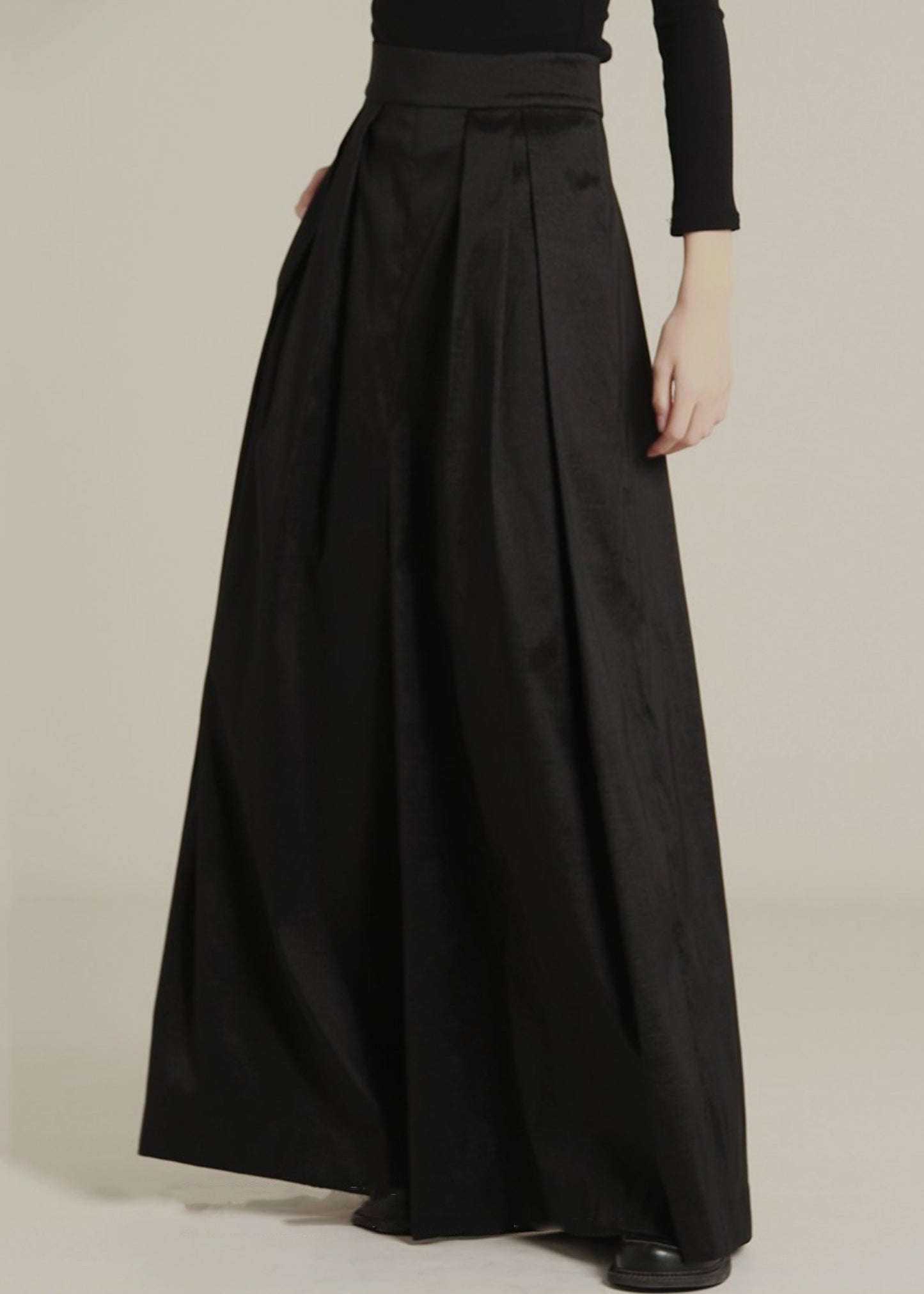 New Black Pockets High Waist Cotton Wide Leg Pants Spring Ab1046