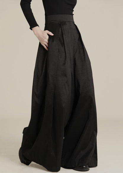New Black Pockets High Waist Cotton Wide Leg Pants Spring Ab1046
