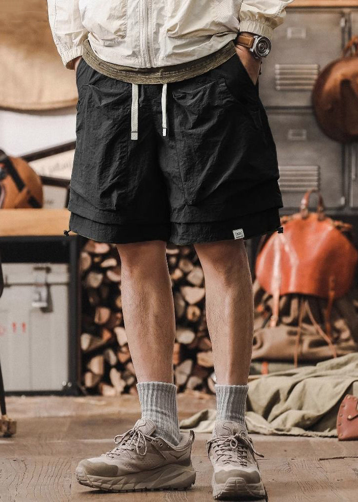 New Cotton Patchwork Pockets Pieces Two Shorts Black False