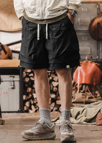 New Cotton Patchwork Pockets Pieces Two Shorts Black False
