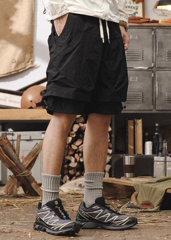 New Cotton Patchwork Pockets Pieces Two Shorts Black False