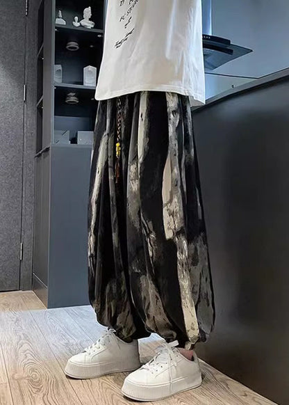 New Black Pockets Tie Dye Ice Silk Lantern Pants Summer Yt033