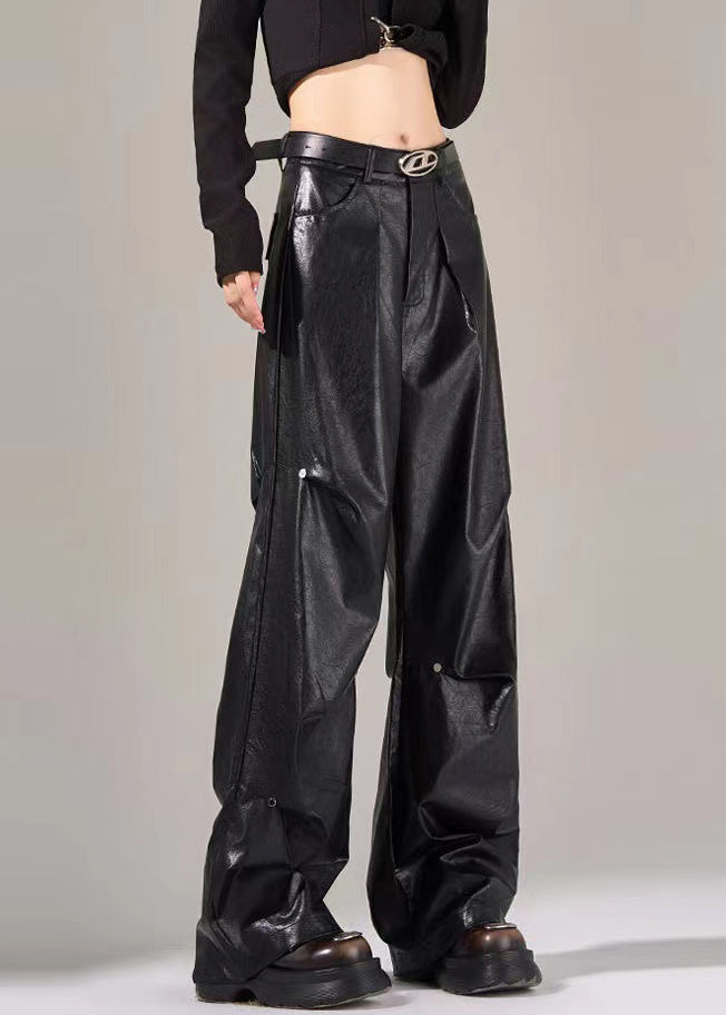 New Black Pockets Wrinkled High Waist Faux Leather Pants Fall Wp051