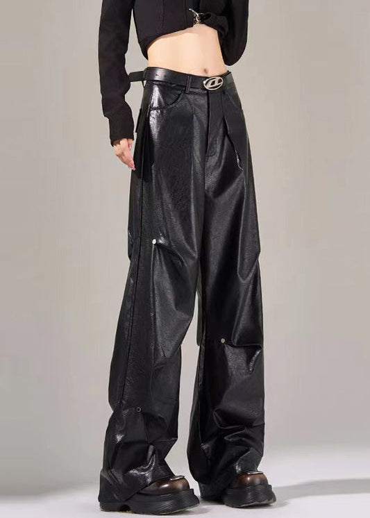 New Black Pockets Wrinkled High Waist Faux Leather Pants Fall Wp051