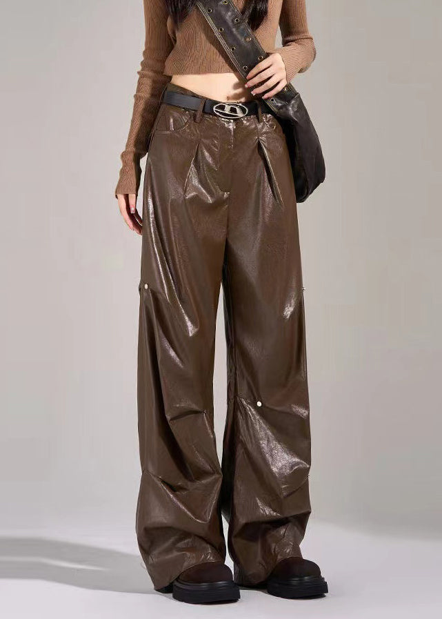 New Black Pockets Wrinkled High Waist Faux Leather Pants Fall Wp051