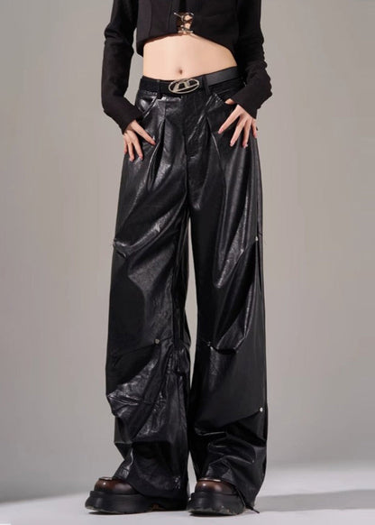 New Black Pockets Wrinkled High Waist Faux Leather Pants Fall Wp051