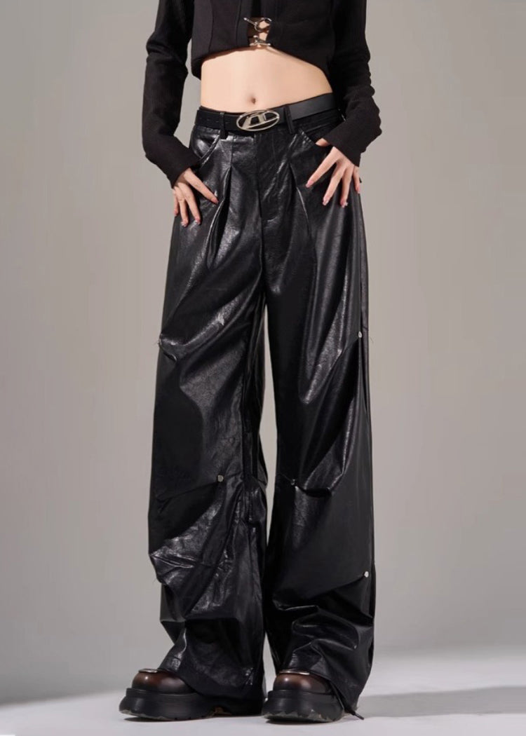 New Black Pockets Wrinkled High Waist Faux Leather Pants Fall Wp051