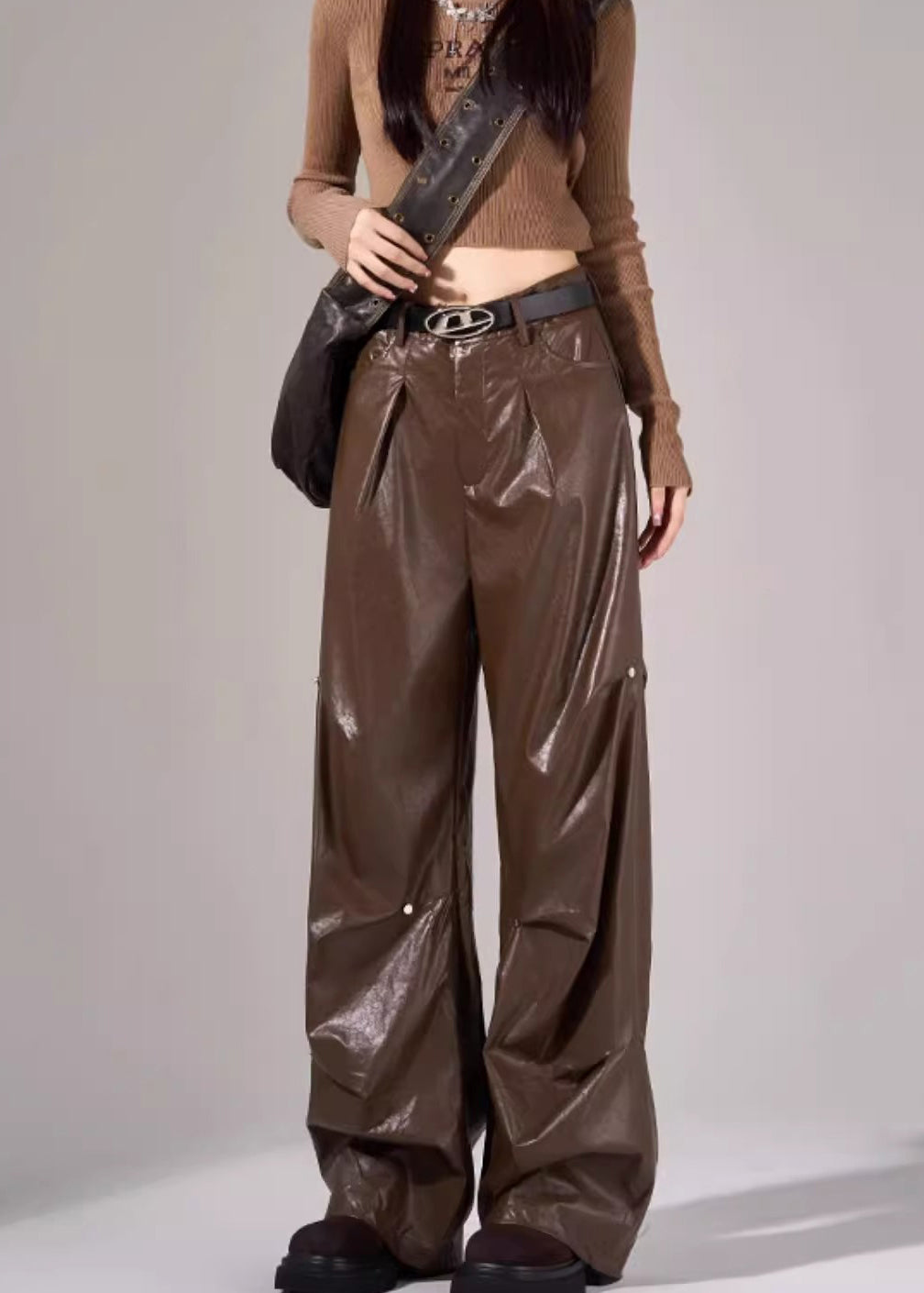 New Black Pockets Wrinkled High Waist Faux Leather Pants Fall Wp051