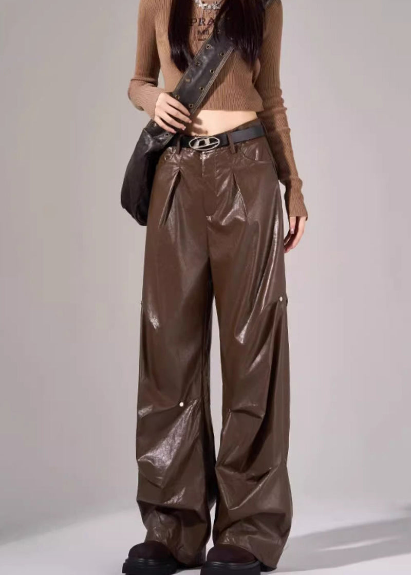 New Black Pockets Wrinkled High Waist Faux Leather Pants Fall Wp051