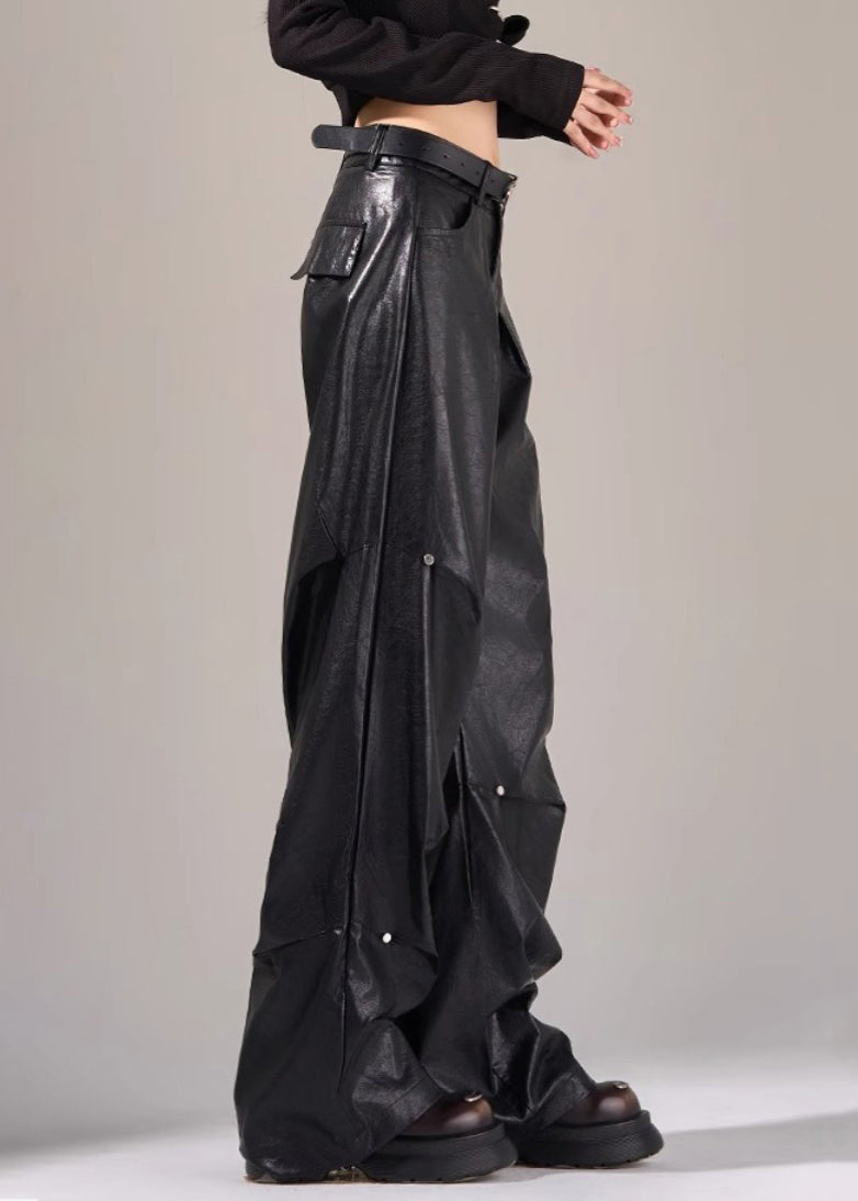 New Black Pockets Wrinkled High Waist Faux Leather Pants Fall Wp051