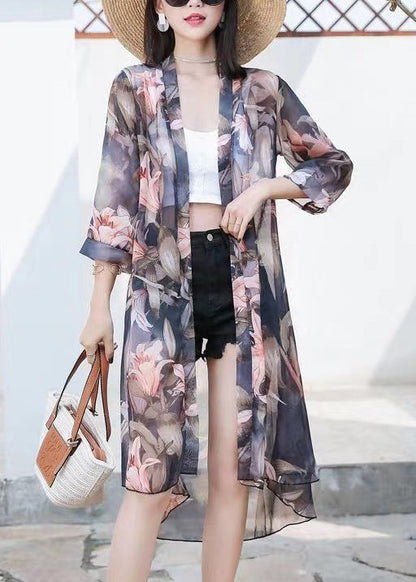 New Black Print Low High Design Chiffon Cardigans Bracelet Sleeve As1034