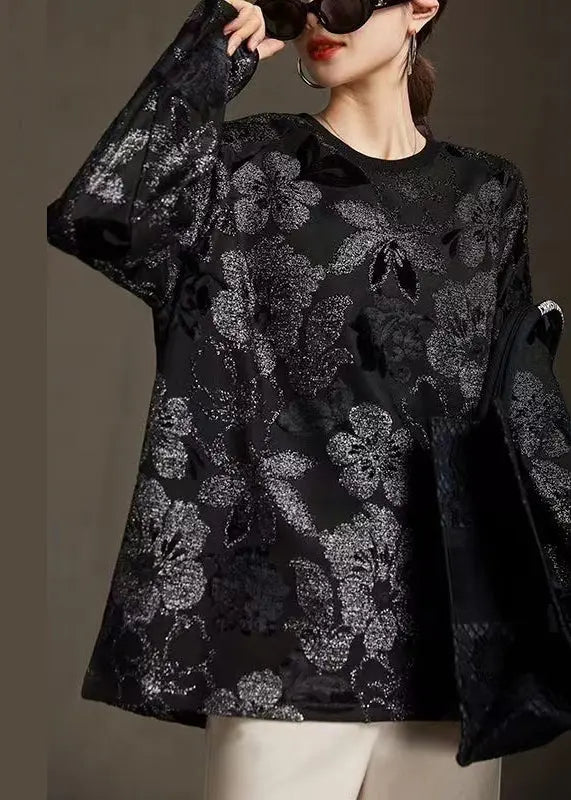 New Black Round Neck Hot Stamping Bright Silk T-shirt Spring Ha1040