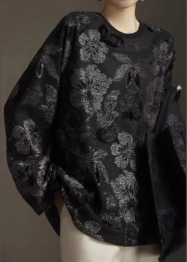 New Black Round Neck Hot Stamping Bright Silk T-shirt Spring Ha1040