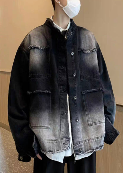 New Denim Button Collar Spring Tc037 Black Pockets Stand Coat