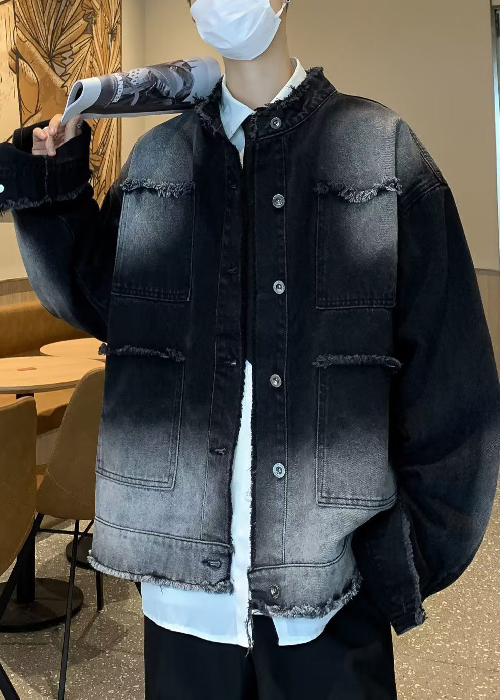 New Denim Button Collar Spring Tc037 Black Pockets Stand Coat