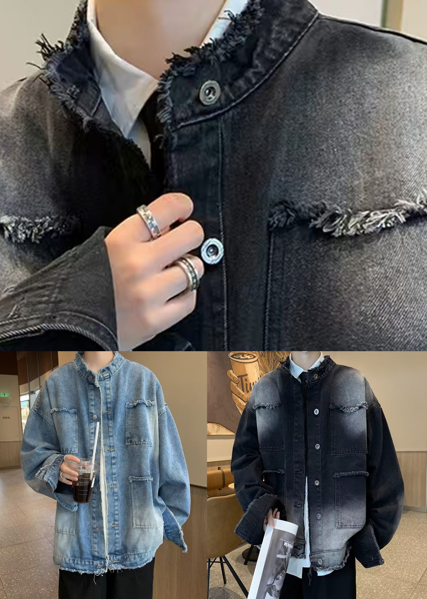 New Denim Button Collar Spring Tc037 Black Pockets Stand Coat