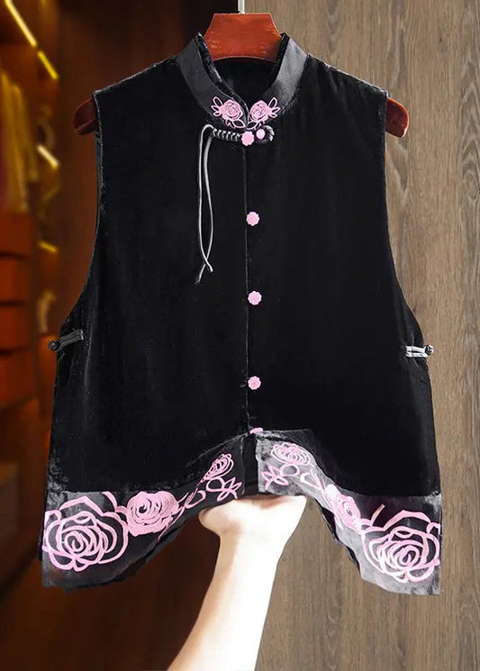 Embroidered Button Silk Velour Waistcoat Sleeveless