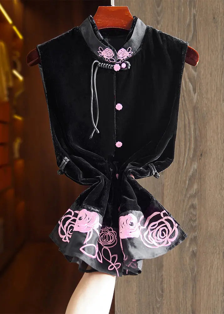 Embroidered Button Silk Velour Waistcoat Sleeveless