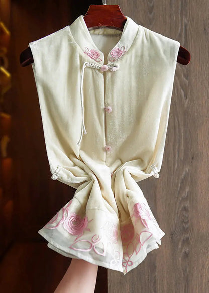Embroidered Button Silk Velour Waistcoat Sleeveless