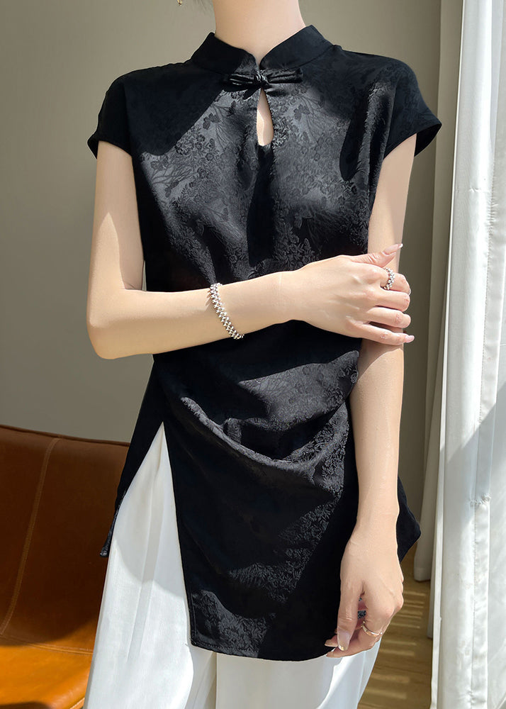 New Black Stand Collar Front Open Silk Blouse Summer Ab1007