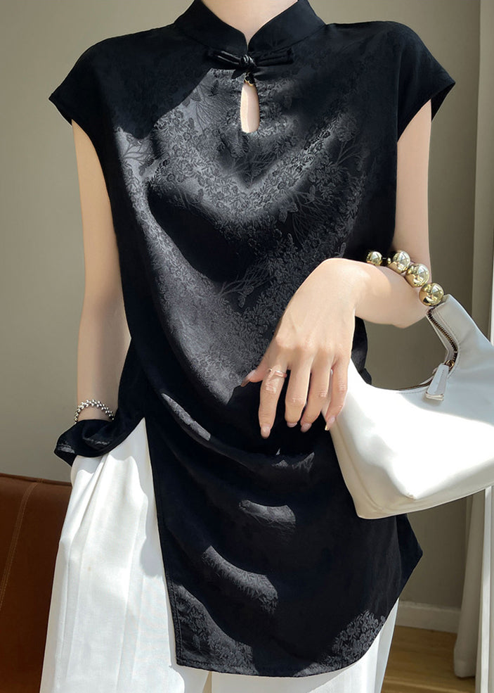 New Black Stand Collar Front Open Silk Blouse Summer Ab1007