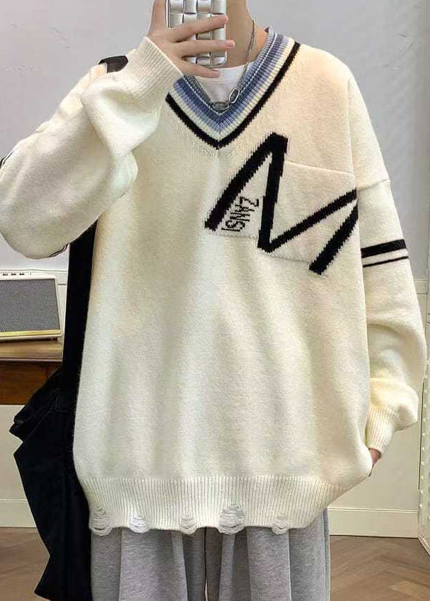 Black Knit Neck Spring Hole New Patchwork V Sweaters