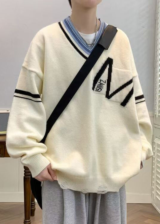 Black Knit Neck Spring Hole New Patchwork V Sweaters