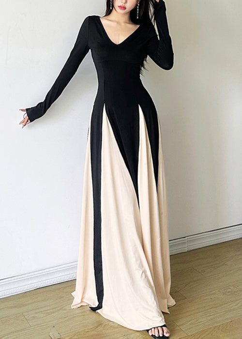 New Black V Neck Patchwork Cotton Maxi Dresses Fall Wy028