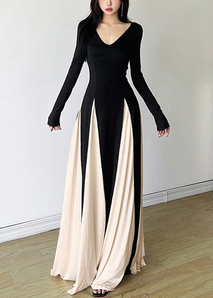 New Black V Neck Patchwork Cotton Maxi Dresses Fall Wy028