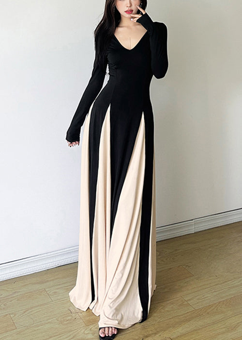 New Black V Neck Patchwork Cotton Maxi Dresses Fall Wy028