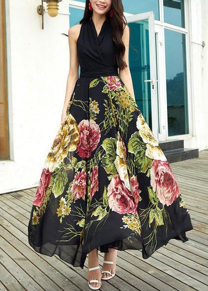New Black V Neck Print Chiffon Long Dresses Sleeveless As1042