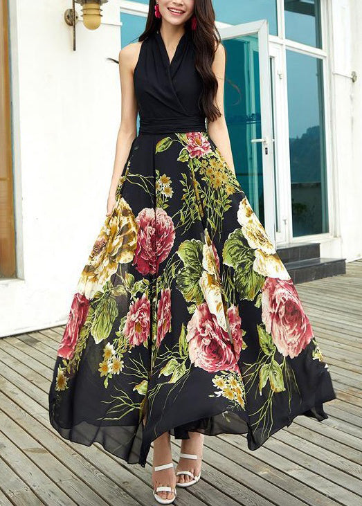 New Black V Neck Print Chiffon Long Dresses Sleeveless As1042