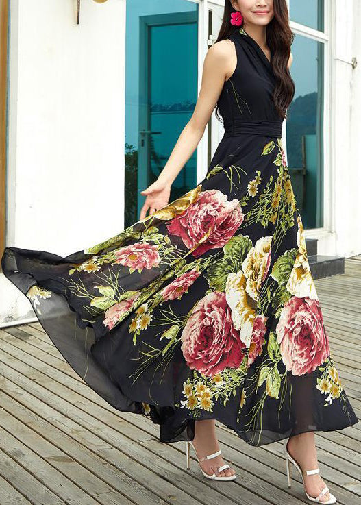 New Black V Neck Print Chiffon Long Dresses Sleeveless As1042