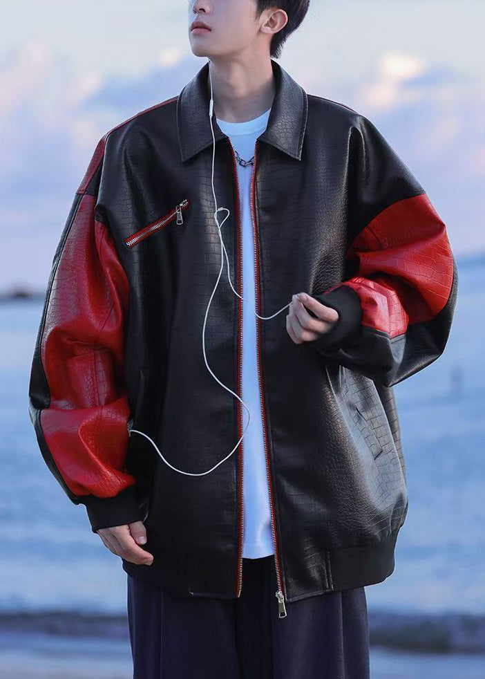 New Black Zip Up Letter Faux Leather Patchwork Coats Spring Rn027