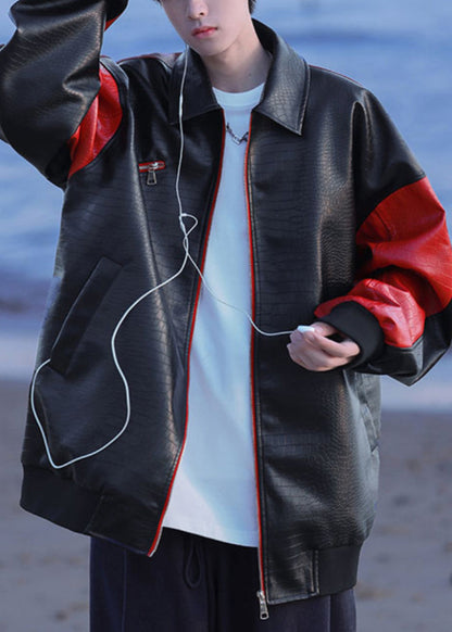 New Black Zip Up Letter Faux Leather Patchwork Coats Spring Rn027