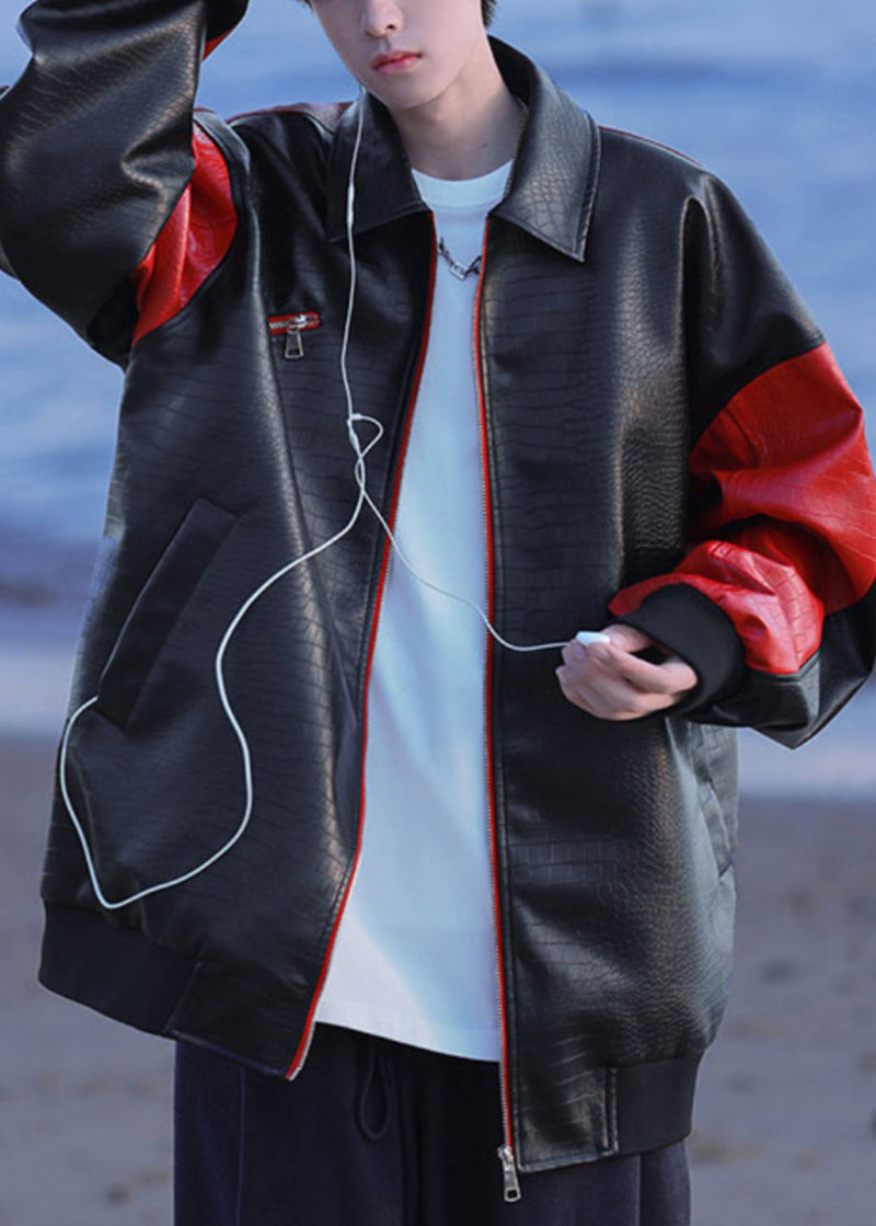 New Black Zip Up Letter Faux Leather Patchwork Coats Spring Rn027