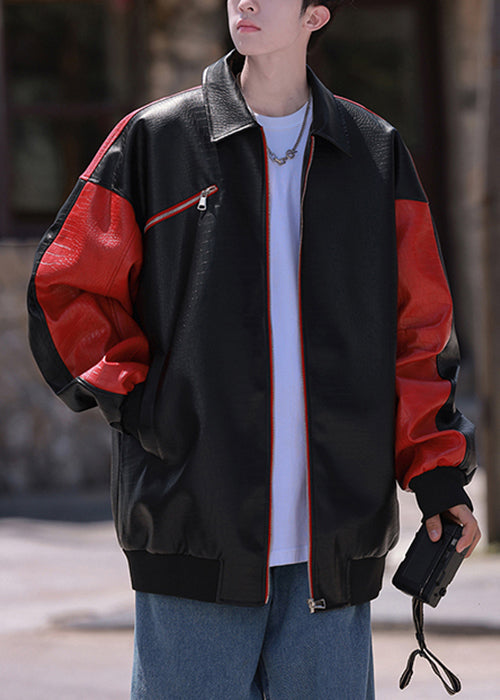 New Black Zip Up Letter Faux Leather Patchwork Coats Spring Rn027