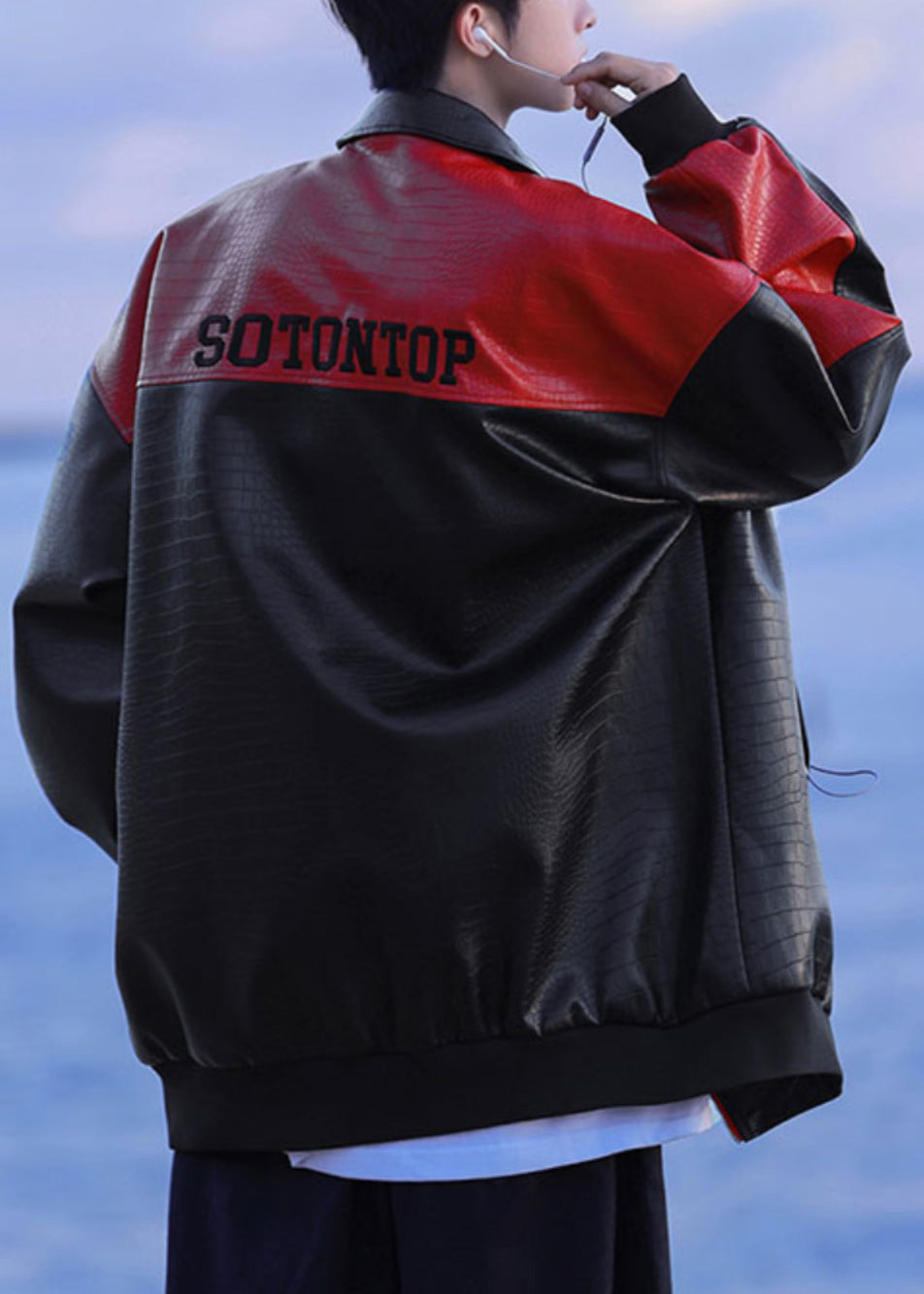 New Black Zip Up Letter Faux Leather Patchwork Coats Spring Rn027